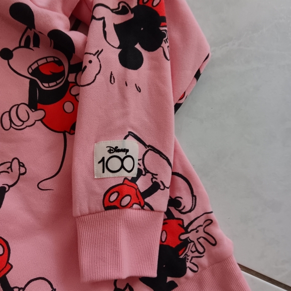 Disney 100 Mickey Mouse Sweater Women’s Large Pink All Over Print Sweatshirt - Picture 2 of 5